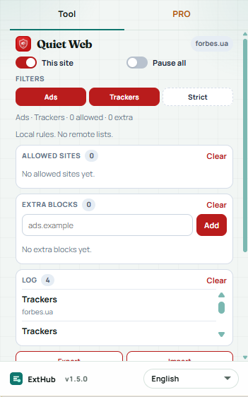 Quiet Web popup: This site, Pause all, Ads and Trackers filters, and the allowlist
