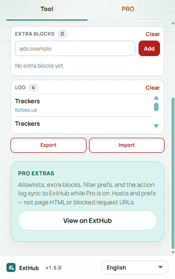 Quiet Web Pro: extra blocks, action log, Export Import, and ExtHub allowlist sync