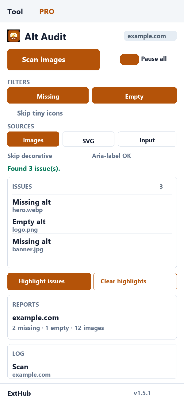 Alt Audit popup: Scan images, Pause all, Missing Empty filters, skip tiny, Highlight, reports, and log