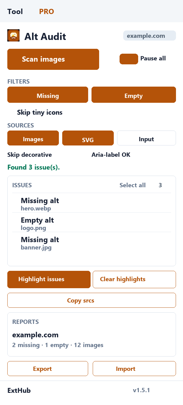Alt Audit Pro: Skip decorative, Aria-label OK, SVG Input sources, Copy srcs, Export Import, and ExtHub sync