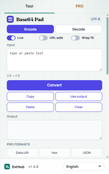 Base64 Pad popup: Encode Decode, Live, URL-safe, Wrap 76, Convert, Copy, history, and log