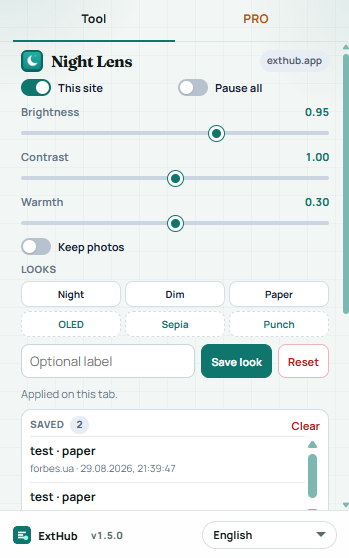 Night Lens popup: This site, Pause all, brightness, contrast, warmth, Keep photos, and Night Dim Paper looks