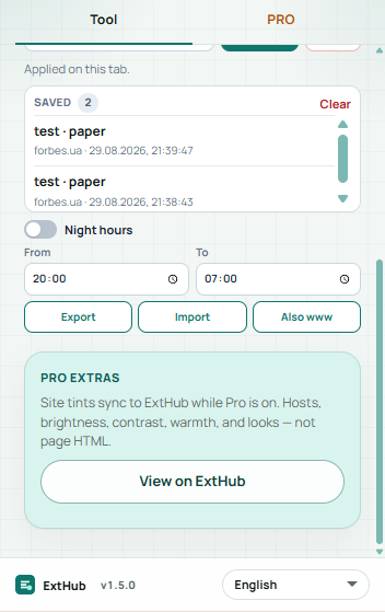 Night Lens Pro: saved looks, night hours, Export Import Also www, and ExtHub tint sync