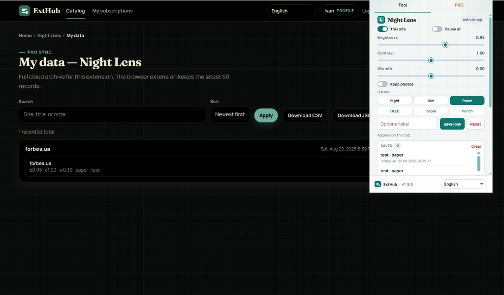 Night Lens My data on ExtHub: synced site tints with search and CSV or JSON export