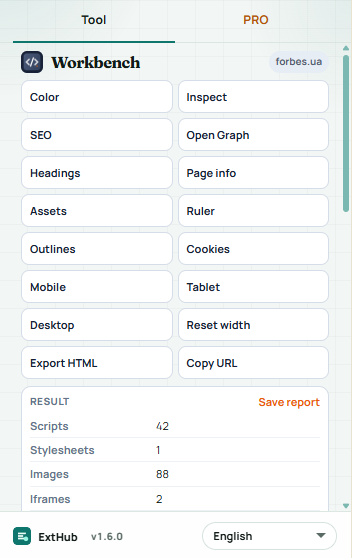 Workbench popup: Color, SEO, Inspect, viewport presets, and an Assets result
