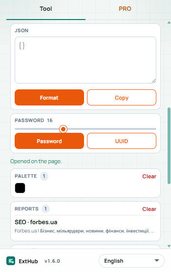 Workbench popup: JSON format, password and UUID, color palette, and a saved SEO report
