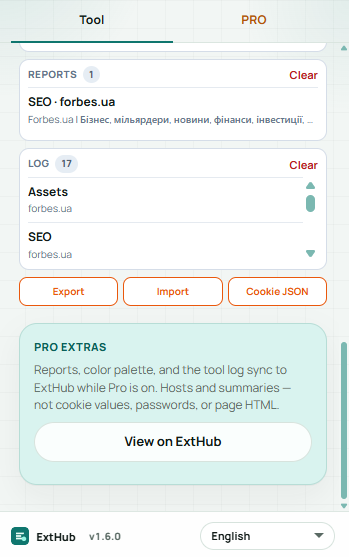Workbench popup: reports, tool log, Export Import Cookie JSON, and Pro extras