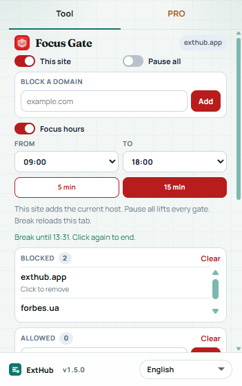 Focus Gate popup: This site, Pause all, add a domain, focus hours, break, and the block list
