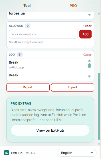 Focus Gate Pro: allow exceptions, action log, Export Import, and ExtHub sync