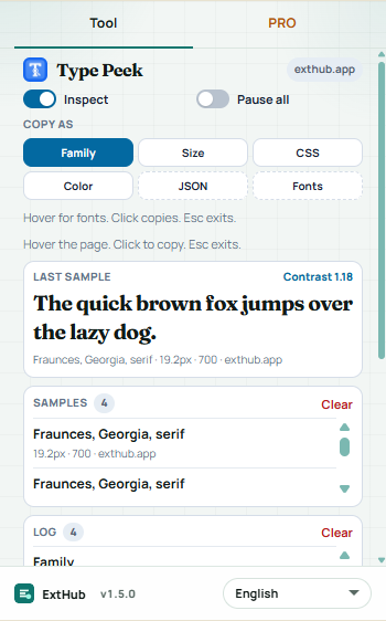 Type Peek popup: Inspect, Pause all, copy chips Family Size CSS Color, and the last sample