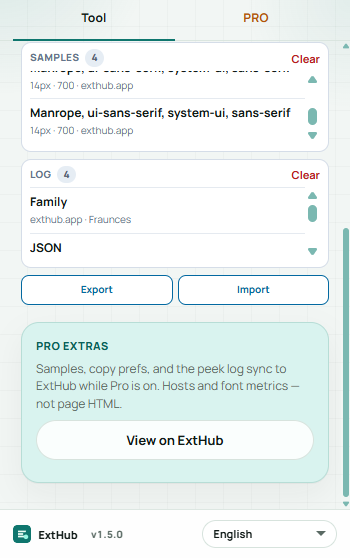 Type Peek Pro: JSON and Fonts copy, contrast, samples log, Export Import, and ExtHub sync