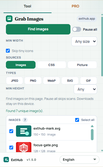 Grab Images popup: Find images, Pause all, min size, skip tiny, sources, types, and the image list