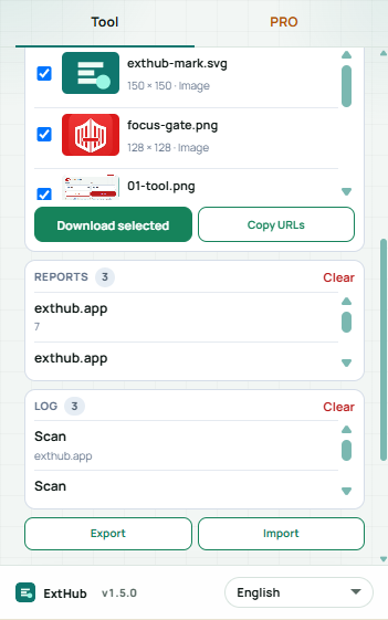 Grab Images: Download selected, Copy URLs, scan reports, log, and Export Import