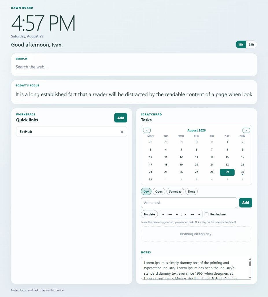Dawn Board new tab in Mist: clock, greeting, search, today’s focus, quick links, and calendar