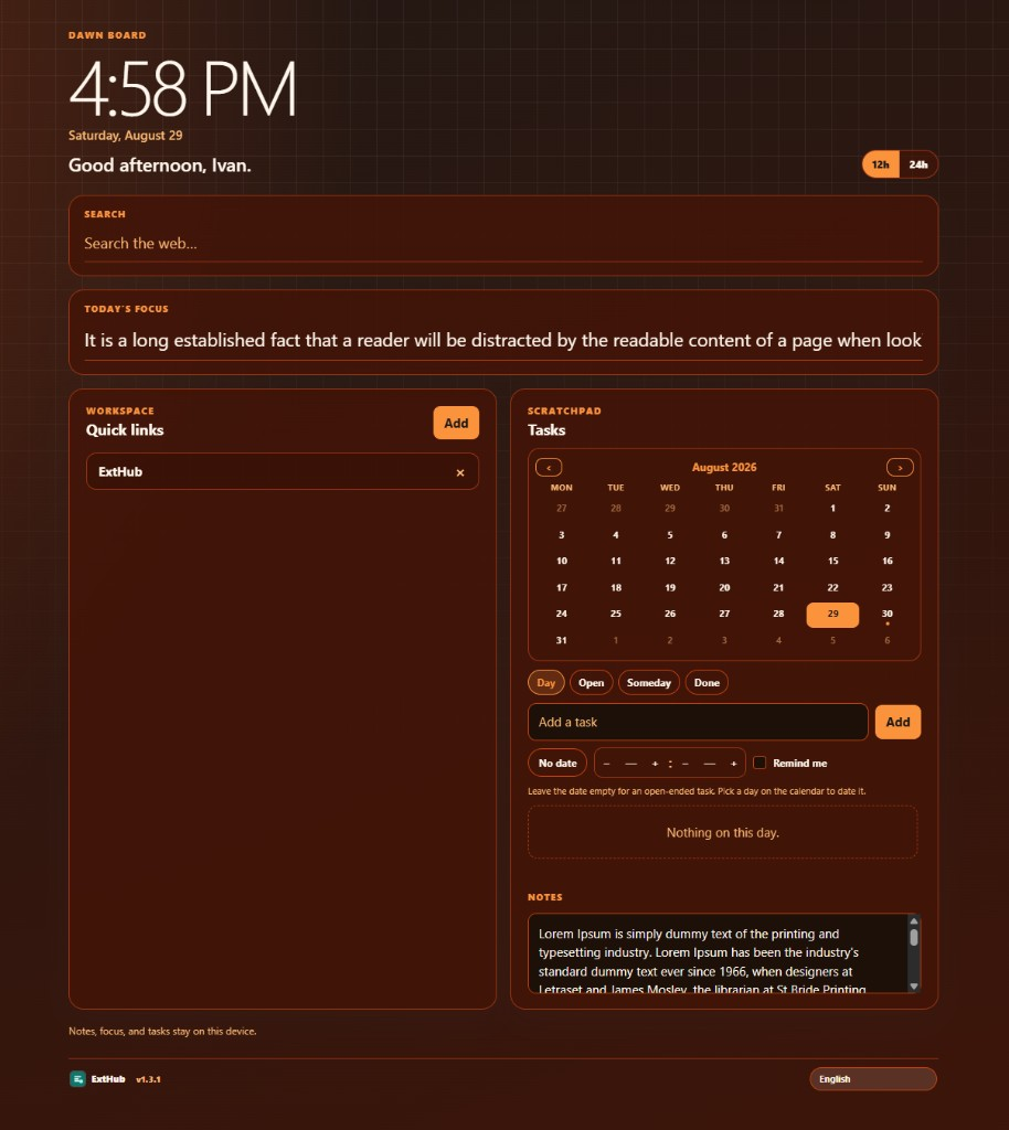 Dawn Board new tab in Dusk: Pro theme with calendar tasks and quick links