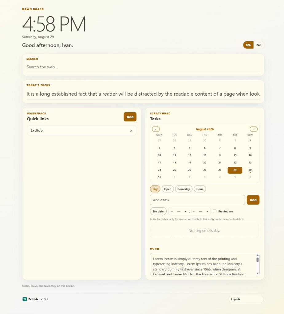 Dawn Board new tab in Paper: Pro theme with notes and dated tasks