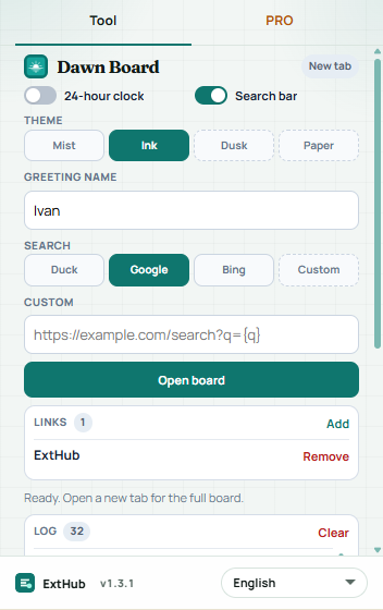 Dawn Board popup: clock format, themes, greeting name, and search engine