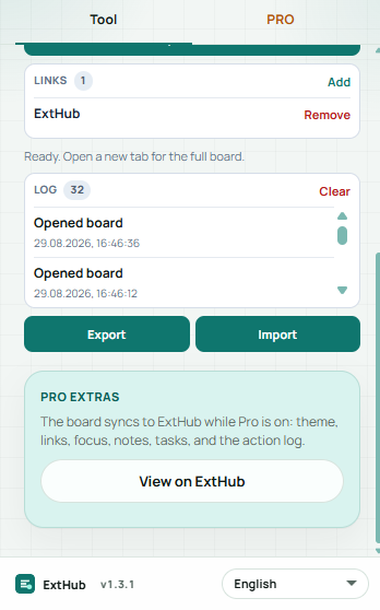 Dawn Board popup: quick links, action log, export/import, and Pro sync