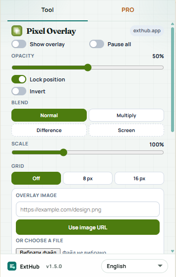 Pixel Overlay popup: Show overlay, Pause all, opacity, lock, Invert, and blend chips Normal Multiply
