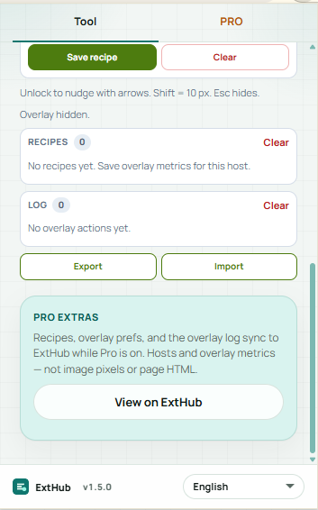 Pixel Overlay Pro: Difference Screen scale grid, recipes log, Export Import, and ExtHub sync